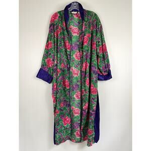 Vintage 80s 90s Victorias Secret Gold Label Robe Small Floral Satin Green Purple